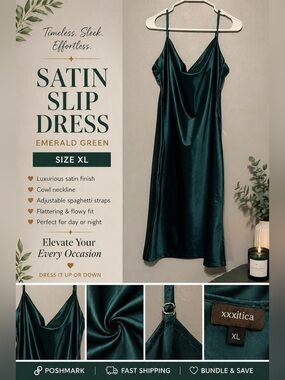 Emerald Green Satin Slip Dress XL Cowl Neck Minimalist Y2K Midi Night Out